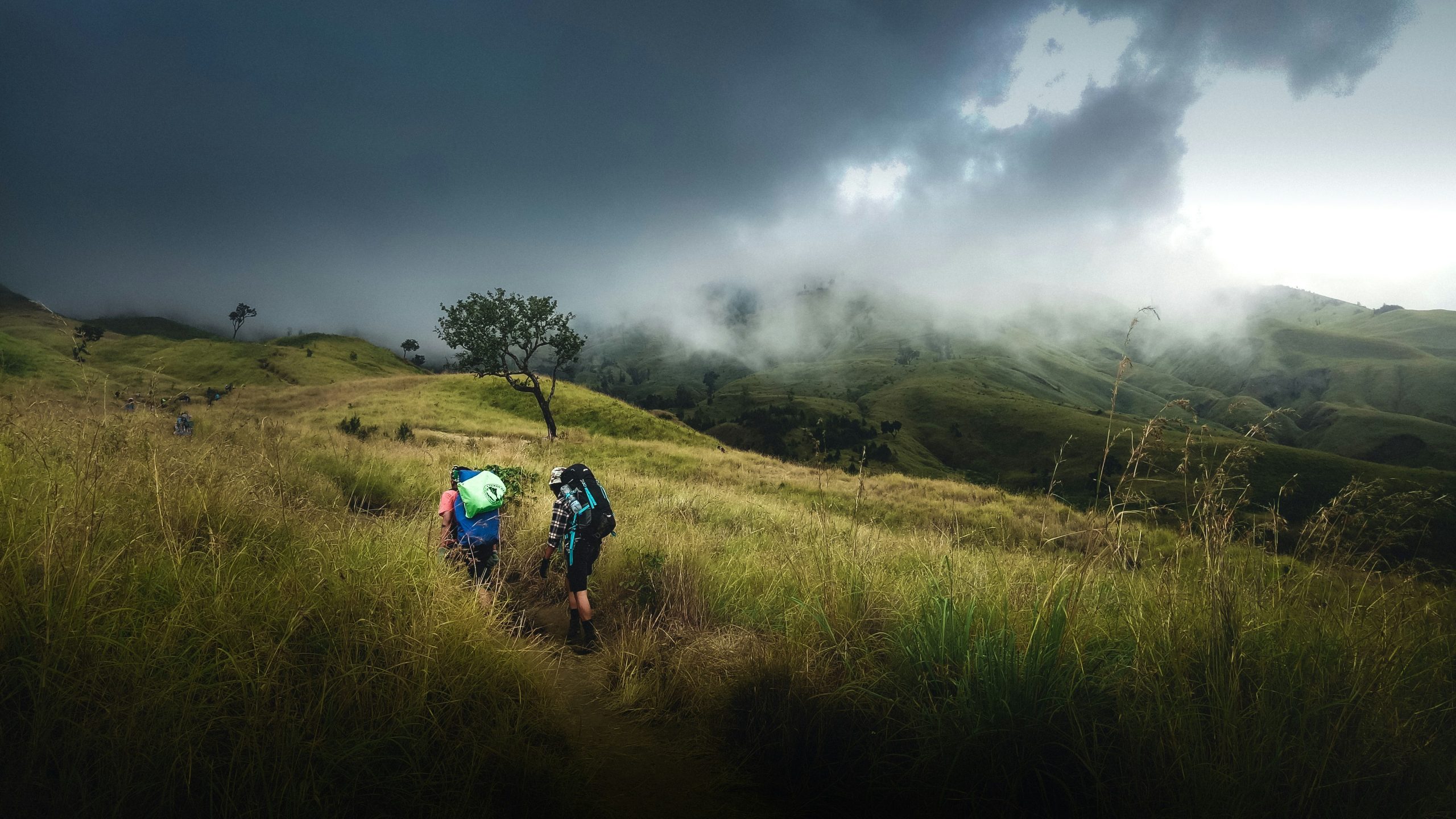 Group of hikers wearing advanced layering systems, smiling happily despite rainy conditions